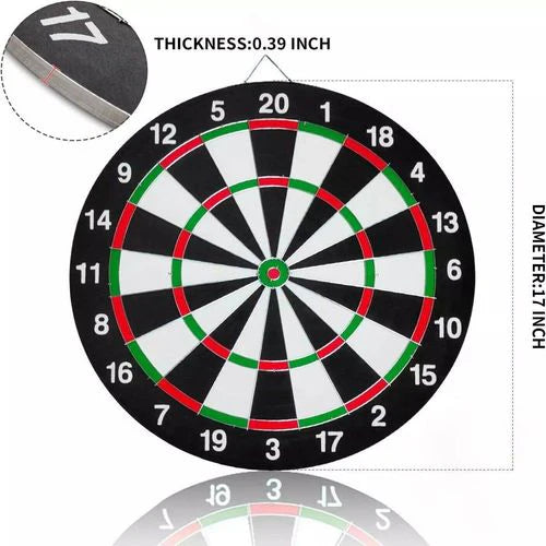 Full Size 17" Double Sided Dart Board with 6 Darts Complete Set plus Reverse Side Archery Style Target
