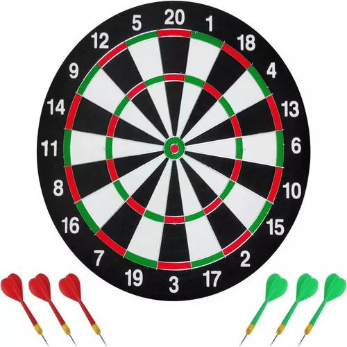 Full Size 17" Double Sided Dart Board with 6 Darts Complete Set plus Reverse Side Archery Style Target