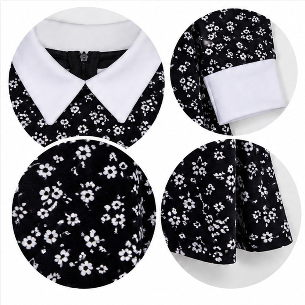 Close-up views of the white collar, cuffs and floral print