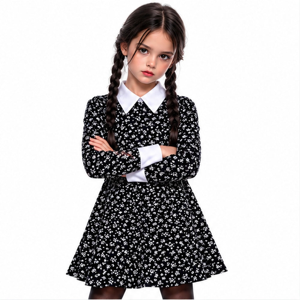 Front view of a model wearing the black and white floral dress