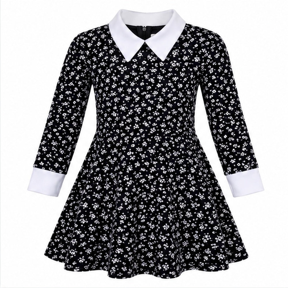 Black floral girls' dress with white pointed collar and cuffs, front view