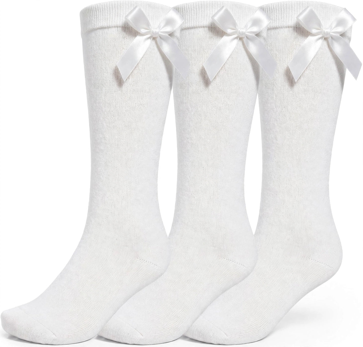 3 Pairs of Girls Knee High Socks with Satin Bow - 4 Colours Available - UK 4-6