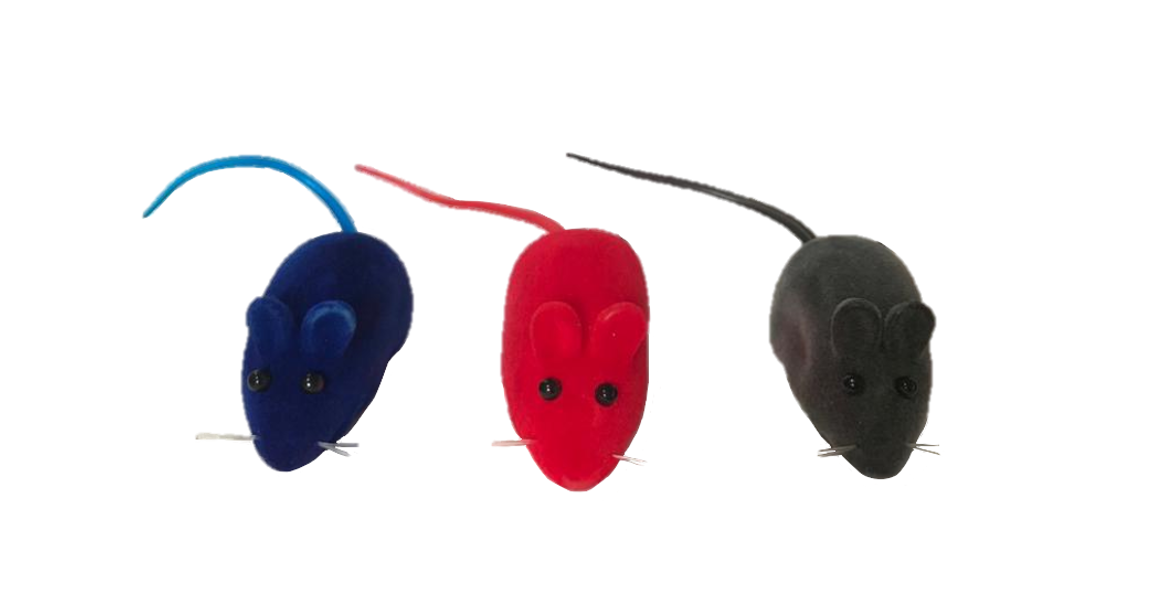 Pet Cat Toy Velvet Squeaky Mice 6 cm Pack of 3 Assorted Colours 7375 (Parcel Rate)