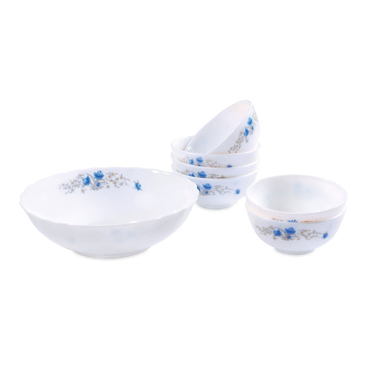 Aria Beautiful Opal 7 Piece White Glass Bowl and Soup Set Blue Floral 7919 (Parcel Rate)