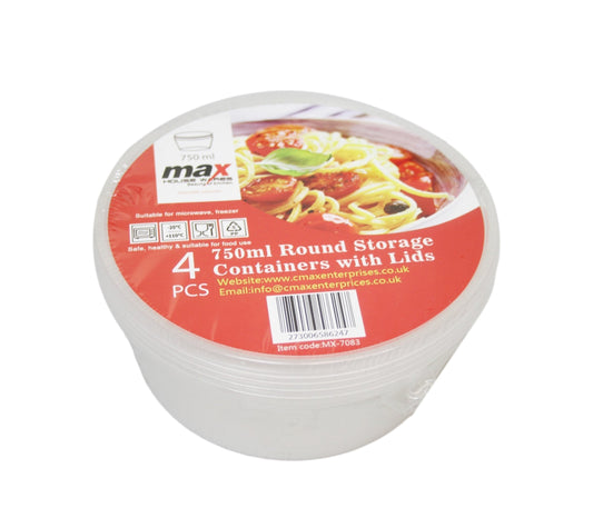 4 Pack Plastic Round Storage Food Containers Clear Microwave Safe With Lids 750ml  MX-7083 (Parcel Rate)