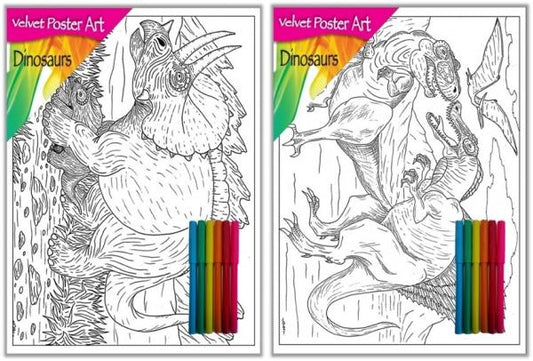 Velvet Poster Art Children's' Fun Colouring with Pens Dinosaurs 2 25 x 38 cm 2 Designs P3007 (Parcel Rate)